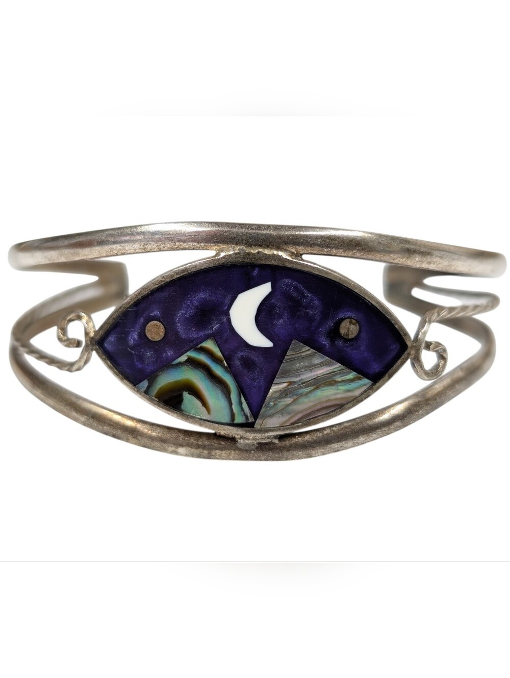 Vintage Alpaca Purple Enamel Abalone MOP Celestial Space Scene Cuff Bracelet